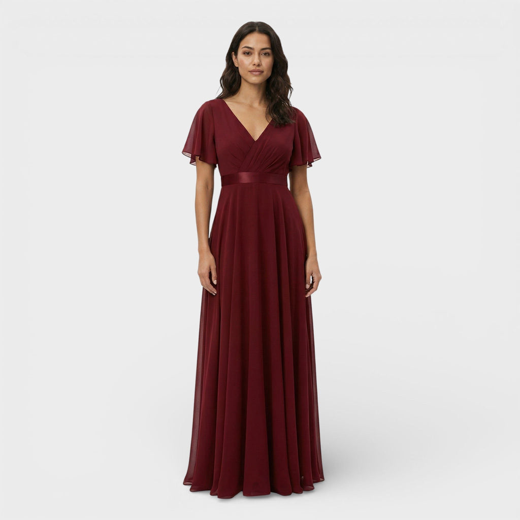 Pleated V-Neck Wedding Guest Dress – Flutter Sleeve Maxi Gown