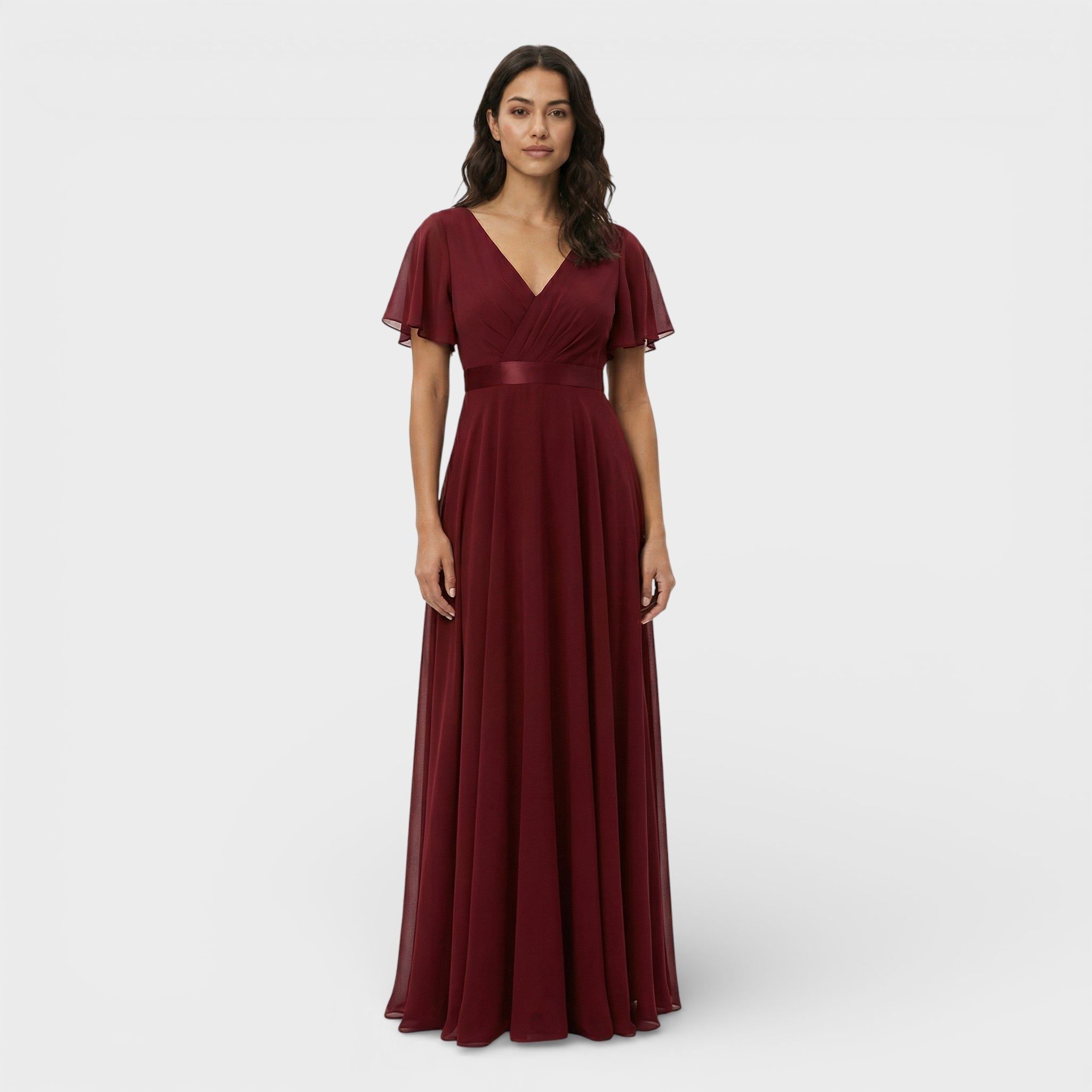 Pleated V-Neck Wedding Guest Dress – Flutter Sleeve Maxi Gown