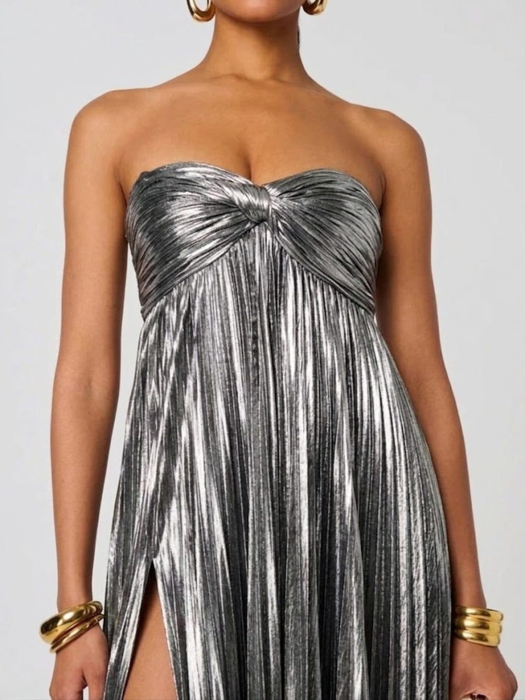 Strapless Twisted Bodice Wedding Guest Dress – Leg-Split Maxi Gown