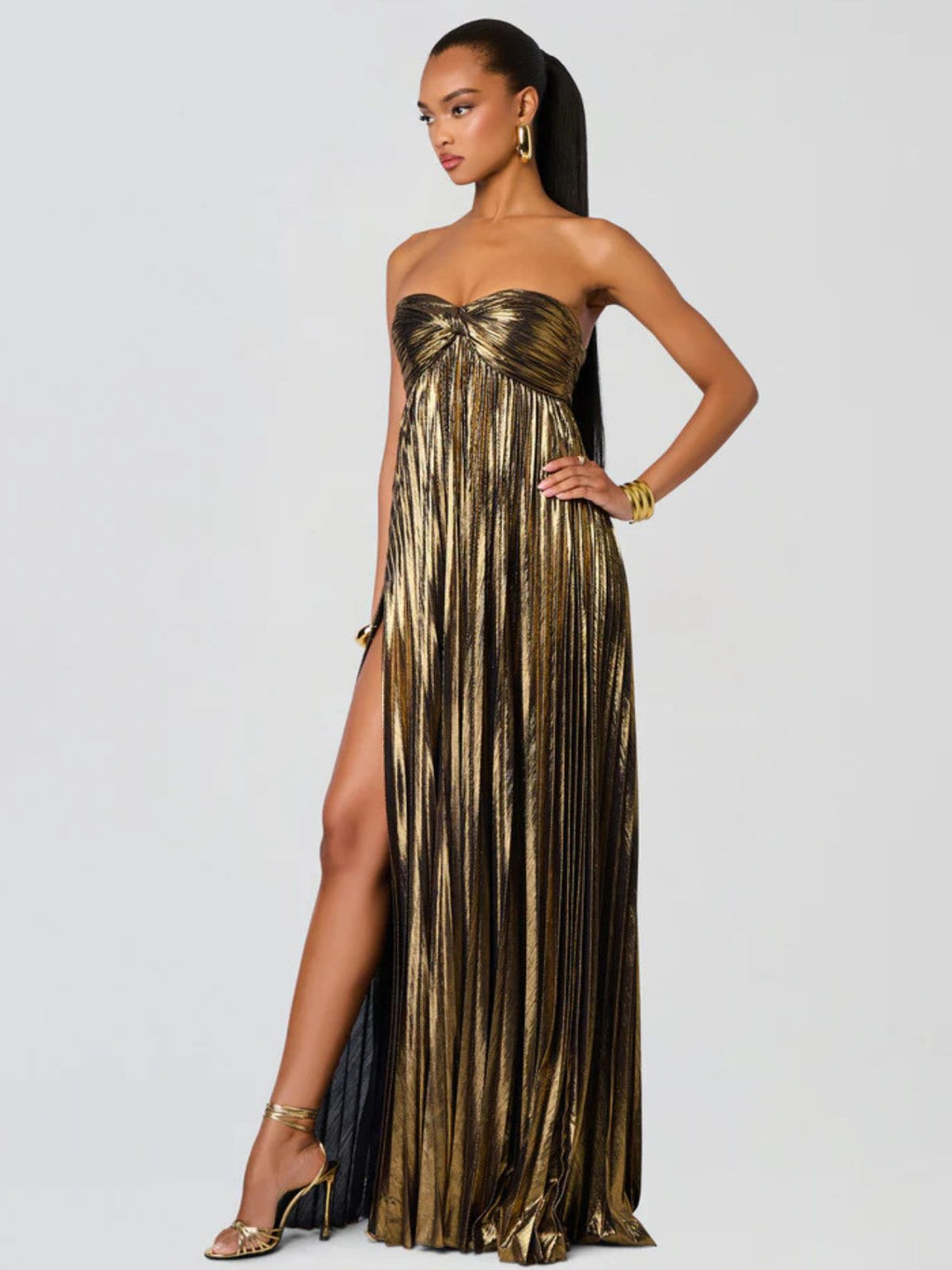 Champagne strapless twisted bodice dress