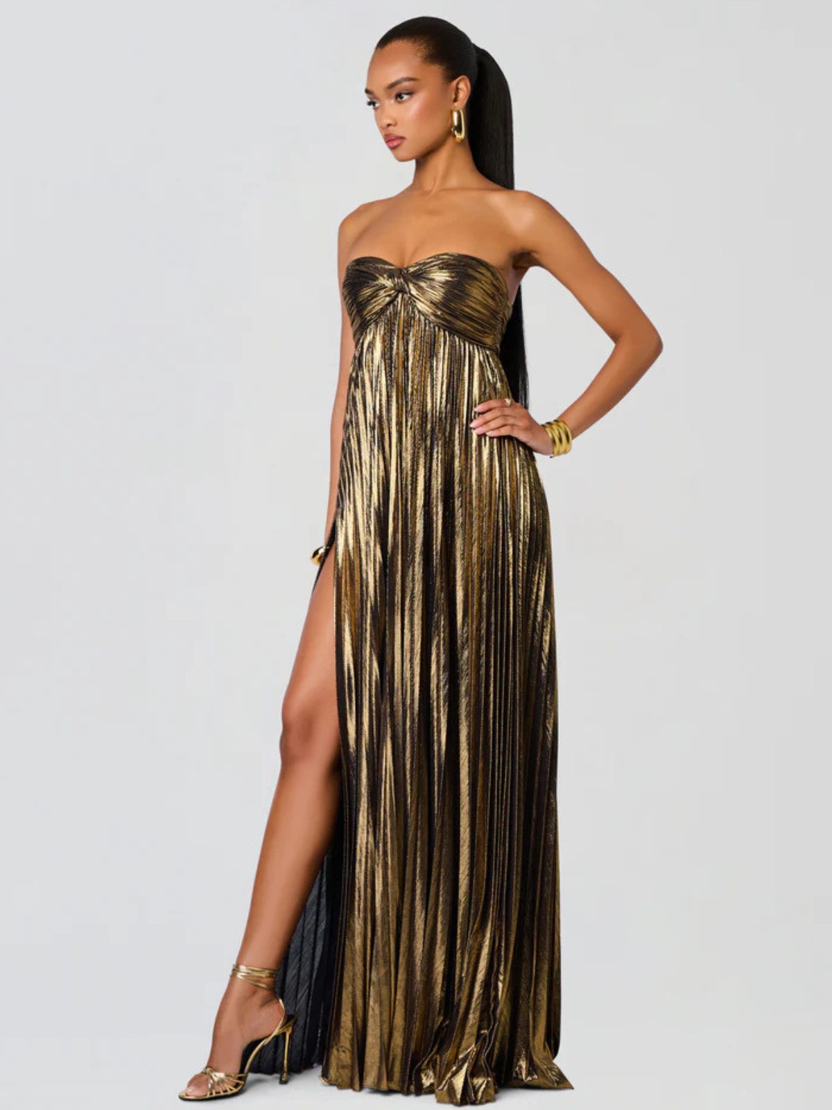 Champagne strapless twisted bodice dress