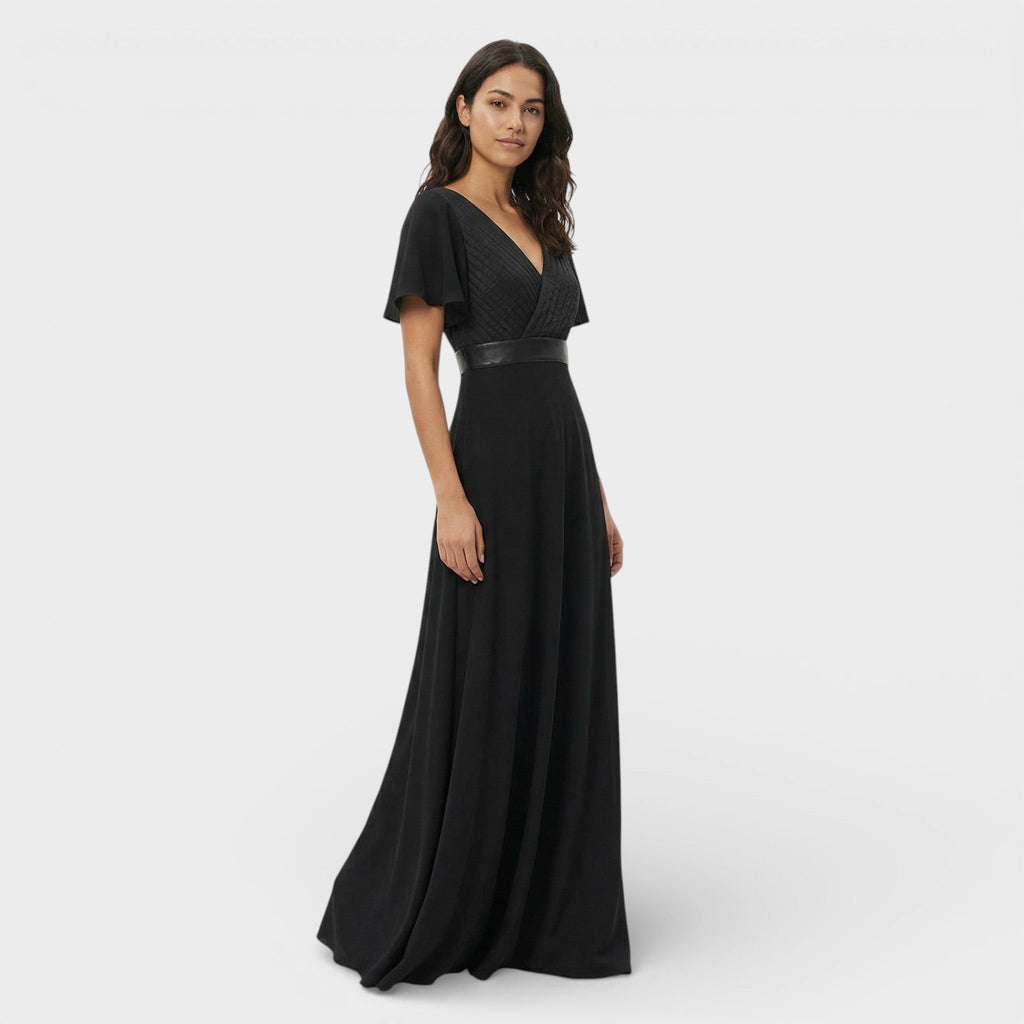 Pleated V-Neck Wedding Guest Dress – Flutter Sleeve Maxi Gown