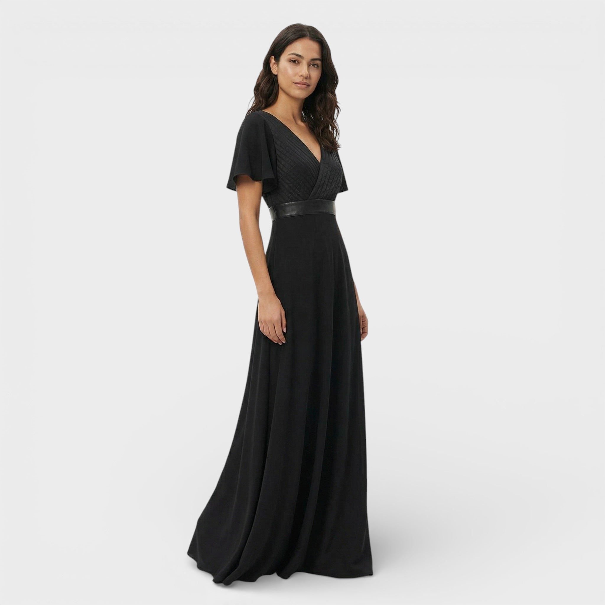 Pleated V-Neck Wedding Guest Dress – Flutter Sleeve Maxi Gown