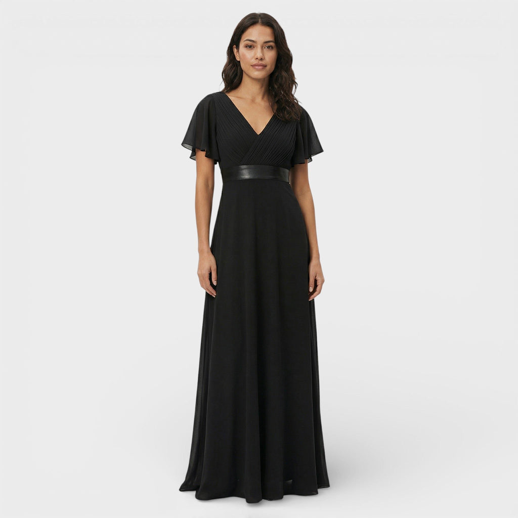 Pleated V-Neck Wedding Guest Dress – Flutter Sleeve Maxi Gown