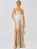 Champagne strapless twisted bodice wedding guest dress, front view