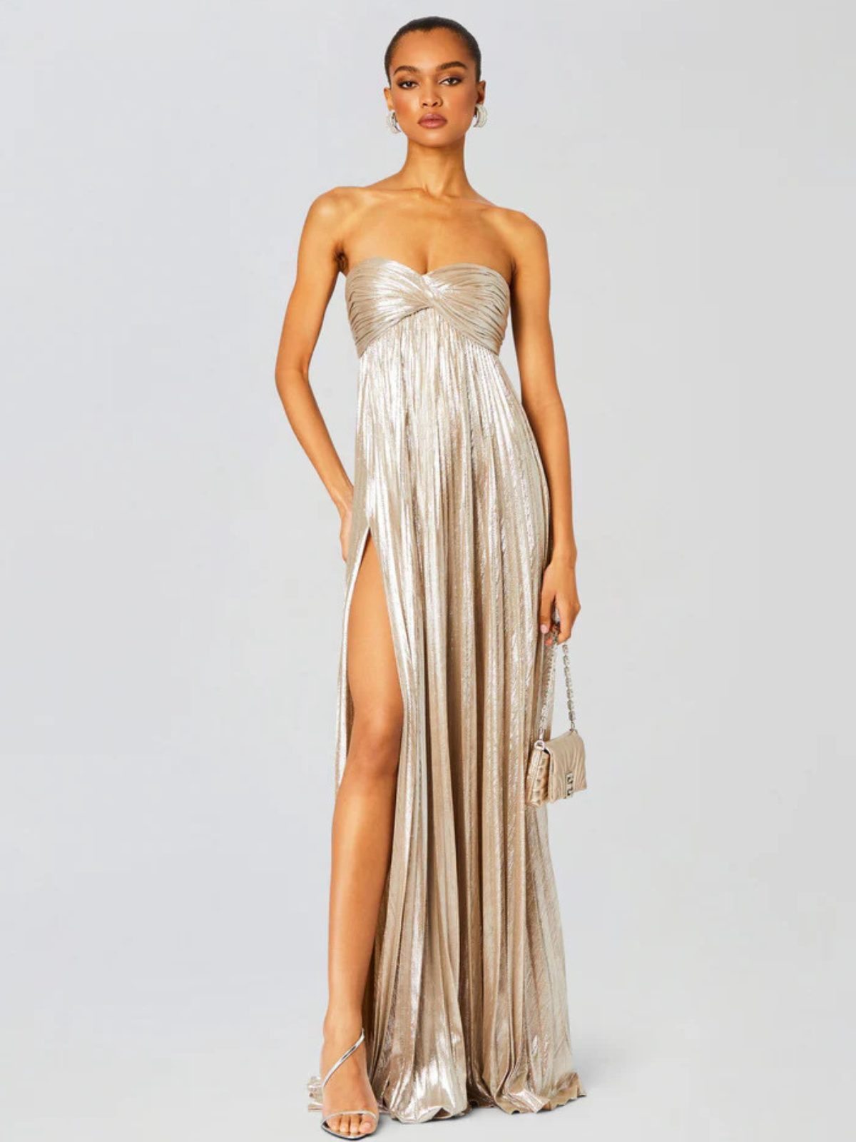 Champagne strapless twisted bodice wedding guest dress, front view