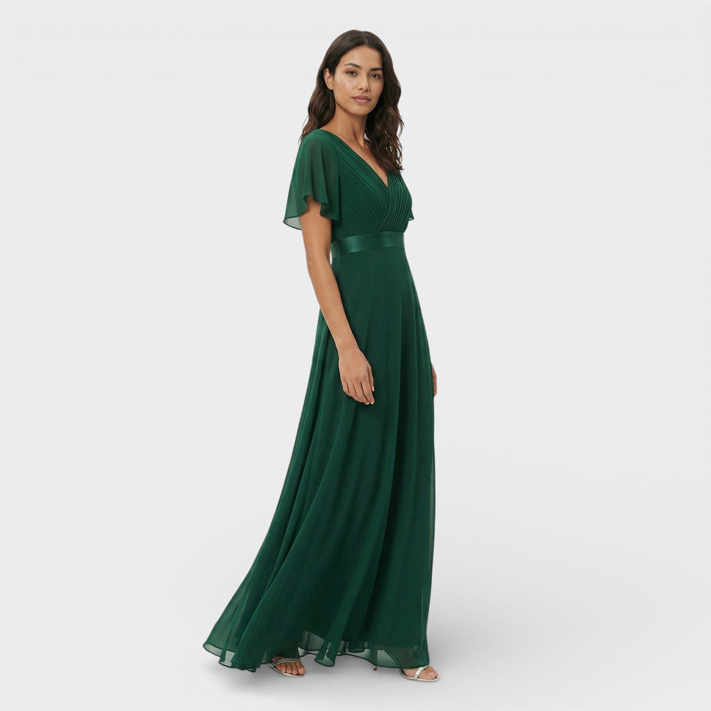 Green pleated v-neck wedding guest dress, front view