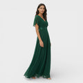 Green pleated v-neck wedding guest dress, front view