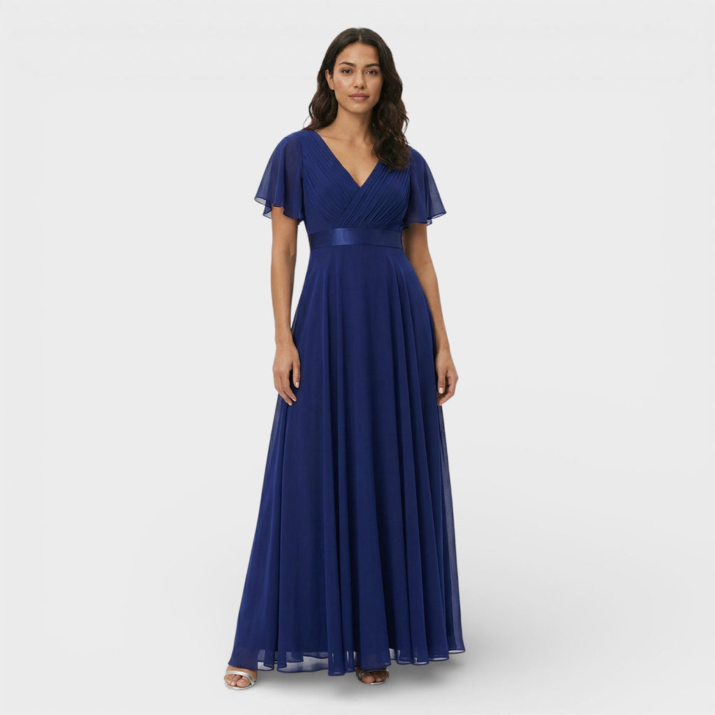 Pleated V-Neck Wedding Guest Dress – Flutter Sleeve Maxi Gown