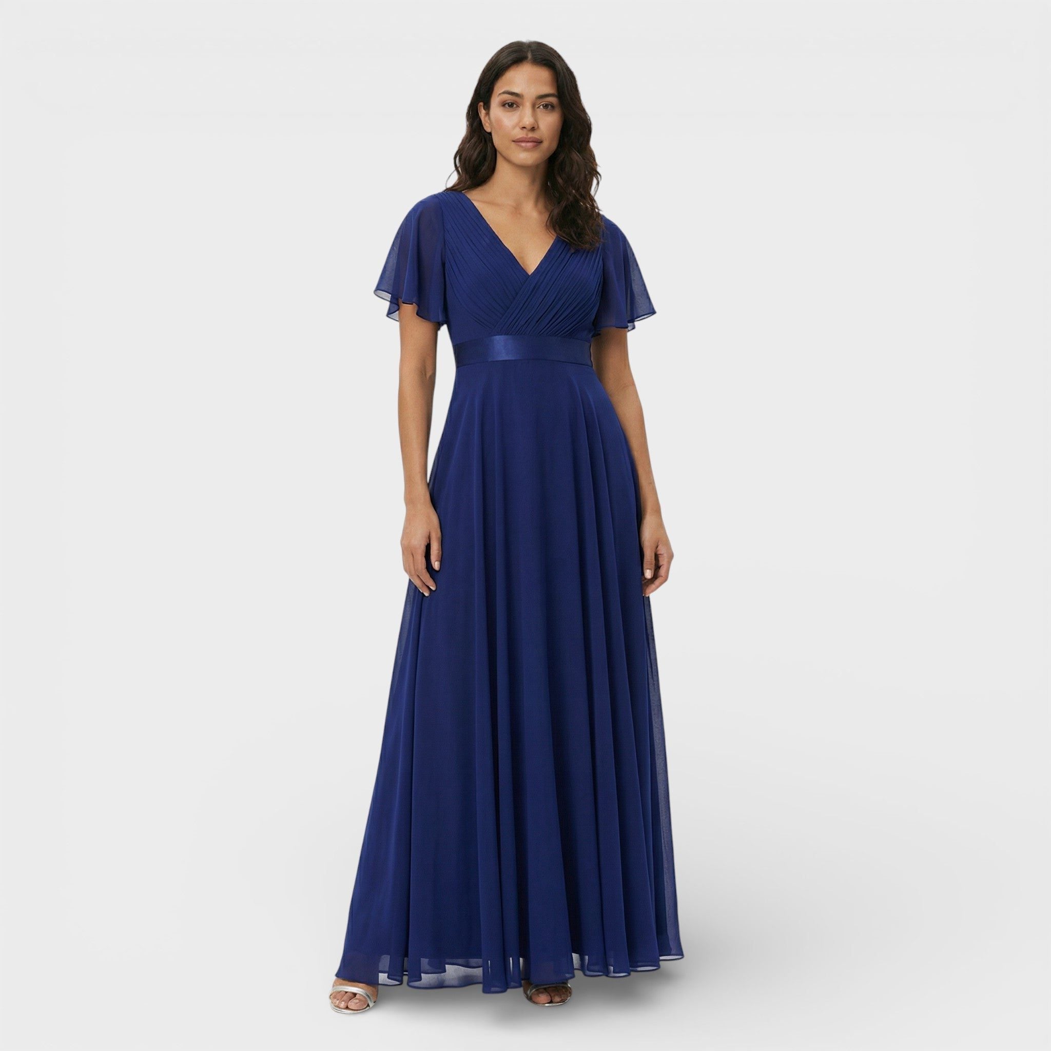 Pleated V-Neck Wedding Guest Dress – Flutter Sleeve Maxi Gown