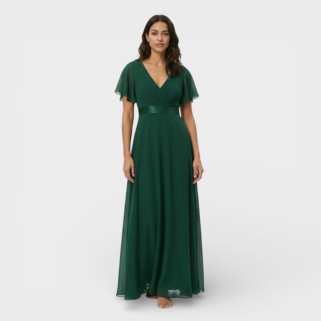 Green pleated v-neck dress