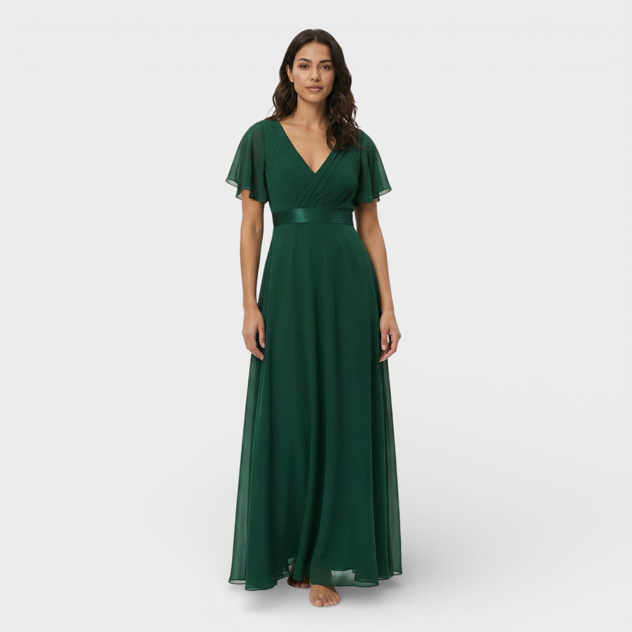 Green pleated v-neck dress