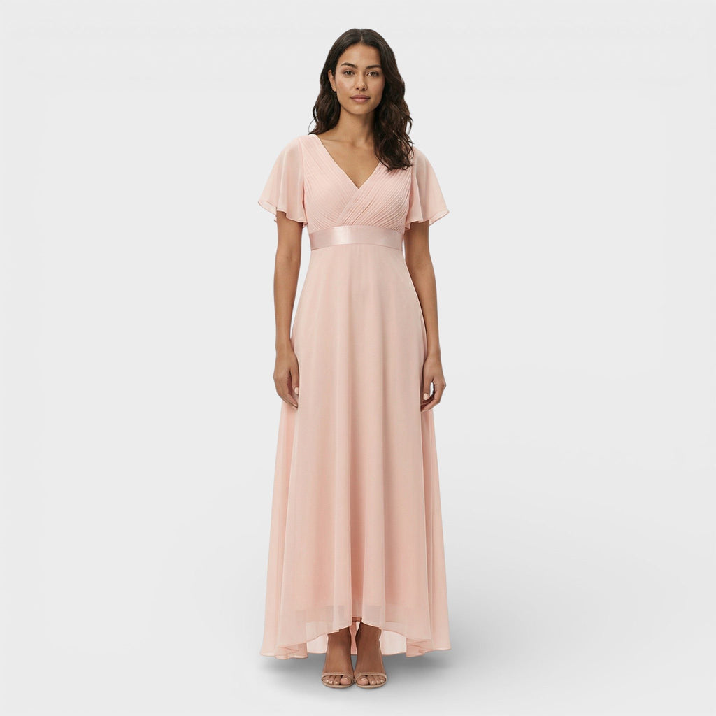 Green pleated v-neck dress