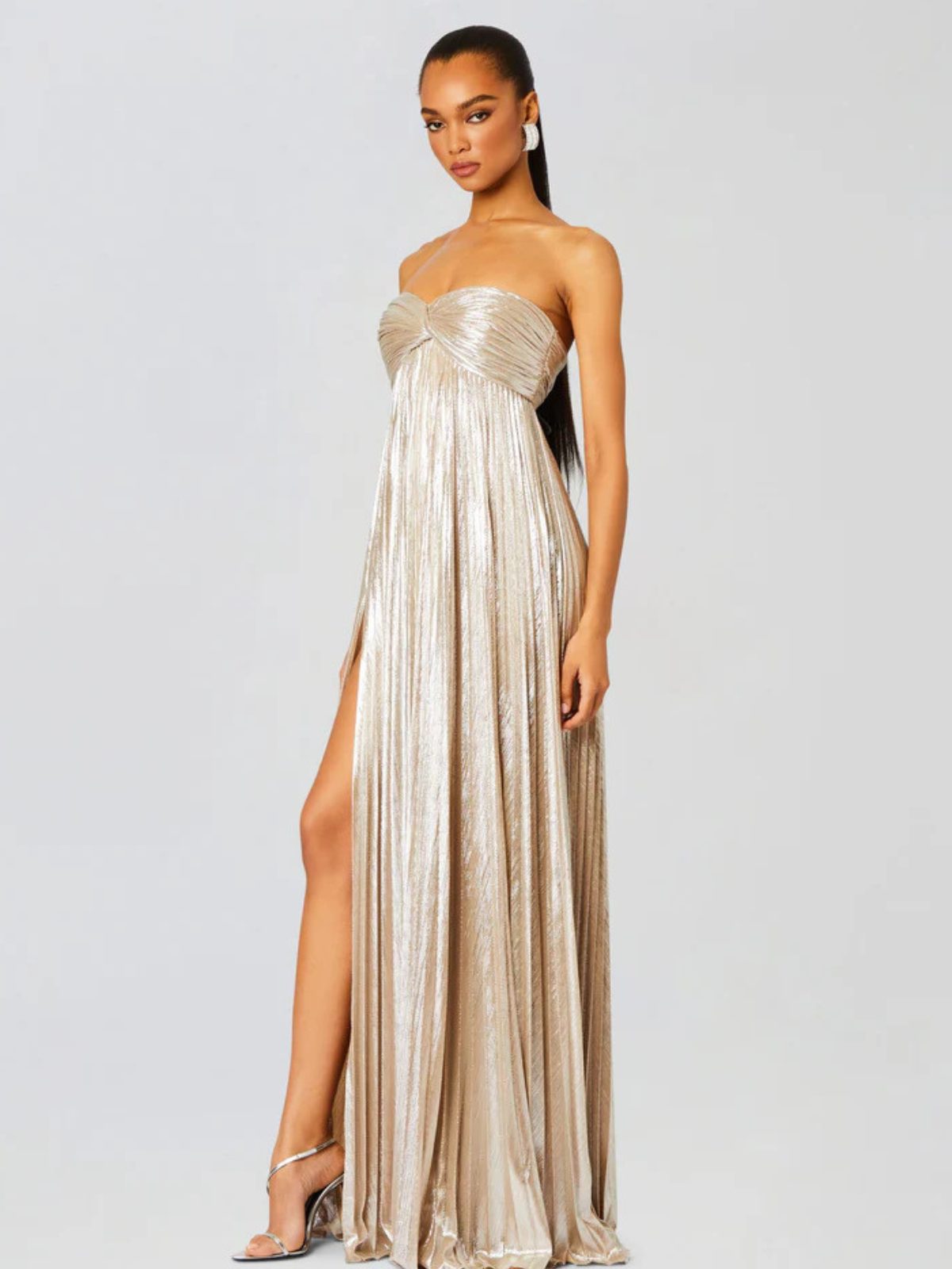 Champagne strapless twisted bodice dress