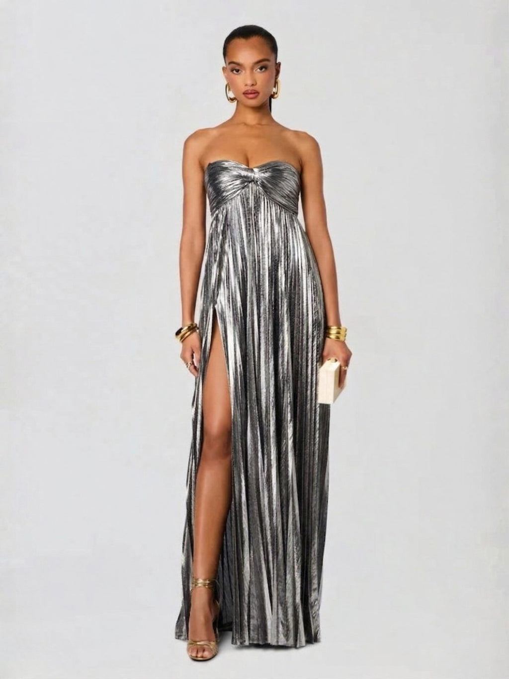 Strapless Twisted Bodice Wedding Guest Dress – Leg-Split Maxi Gown