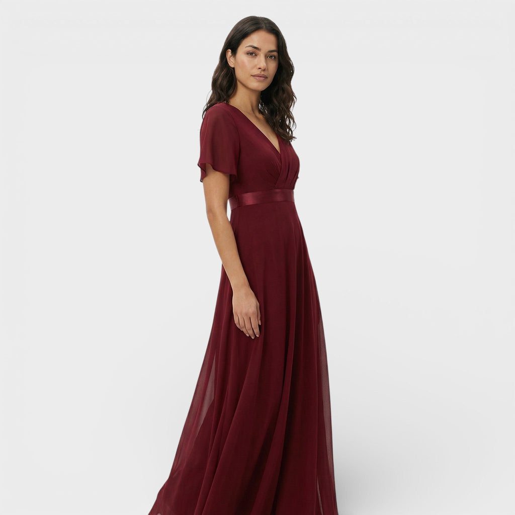 Pleated V-Neck Wedding Guest Dress – Flutter Sleeve Maxi Gown