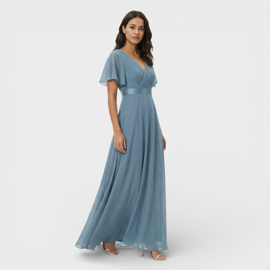 Green pleated v-neck dress