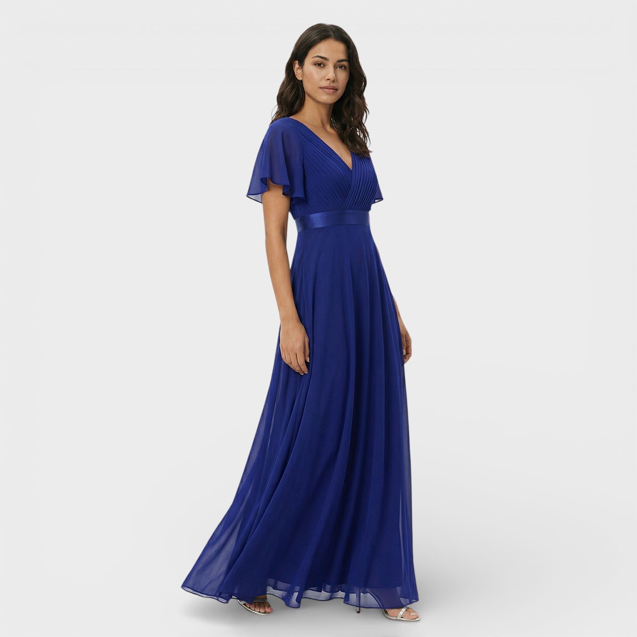 Pleated V-Neck Wedding Guest Dress – Flutter Sleeve Maxi Gown