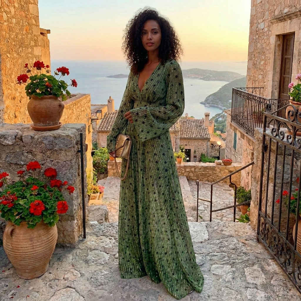 Women's deep V-neck boho maxi dress with delicate dot detail, lifestyle shot