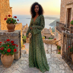 Women's deep V-neck boho maxi dress with delicate dot detail, lifestyle shot