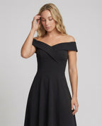 Women's off-shoulder formal maxi dress, upper body detail view