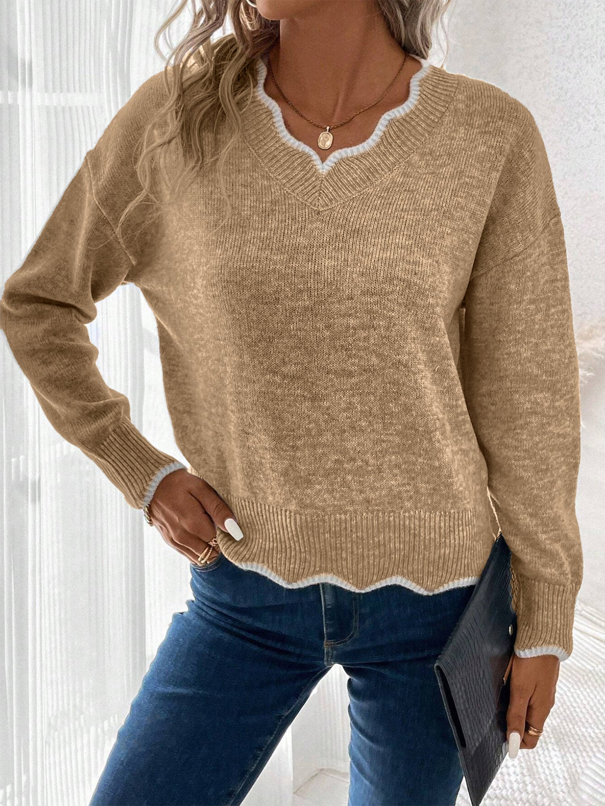 Khaki Notch V-Neck Jumper
