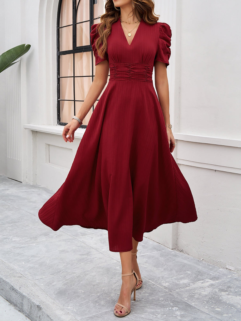Textured Puff Short Sleeve Ruched Midi A-Line Dress
