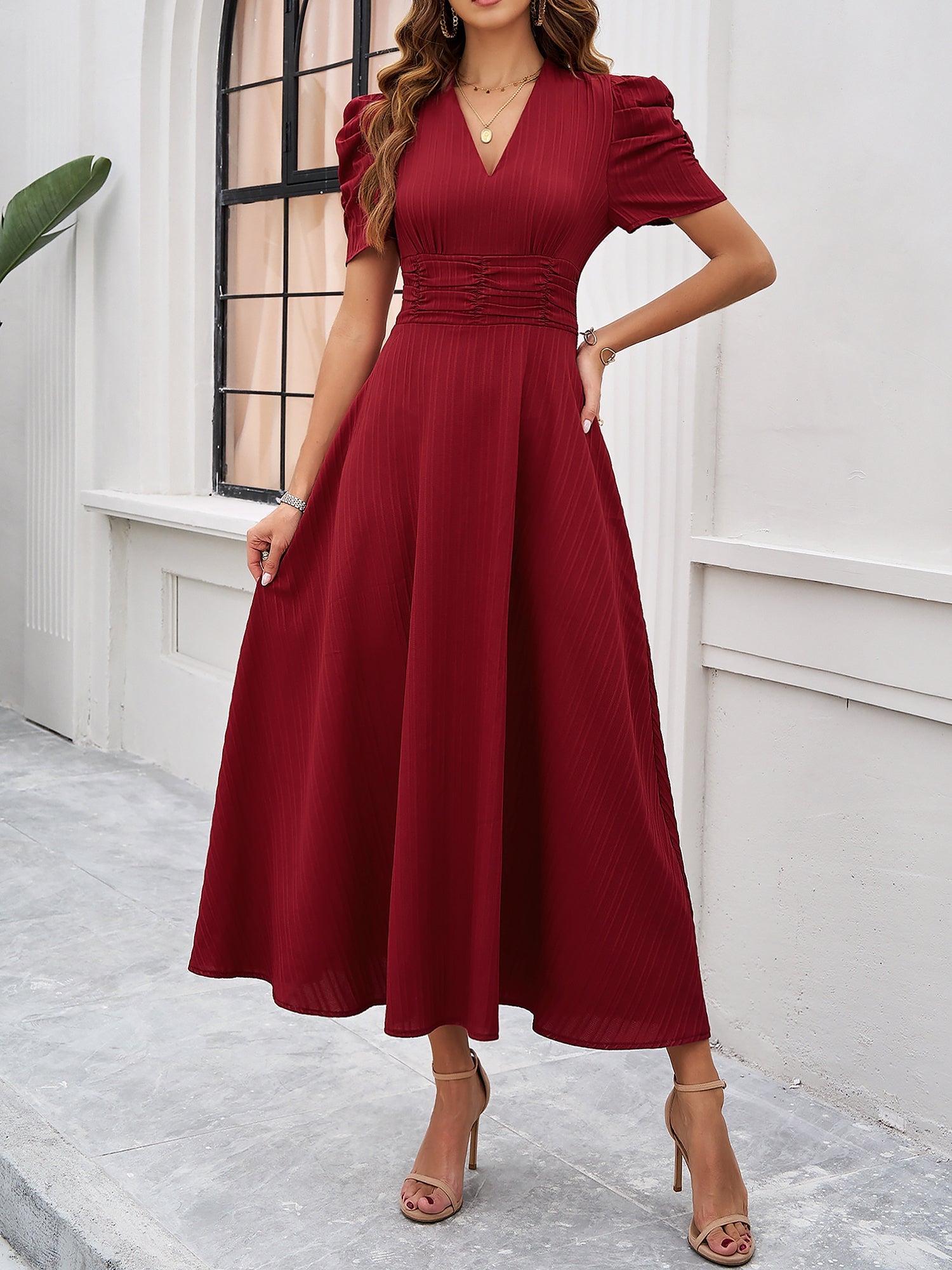 Textured Puff Short Sleeve Ruched Midi A-Line Dress