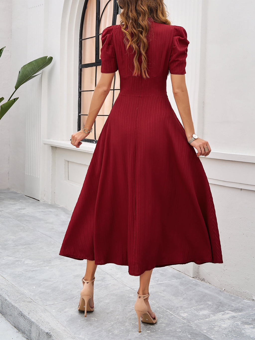 Textured Puff Short Sleeve Ruched Midi A-Line Dress