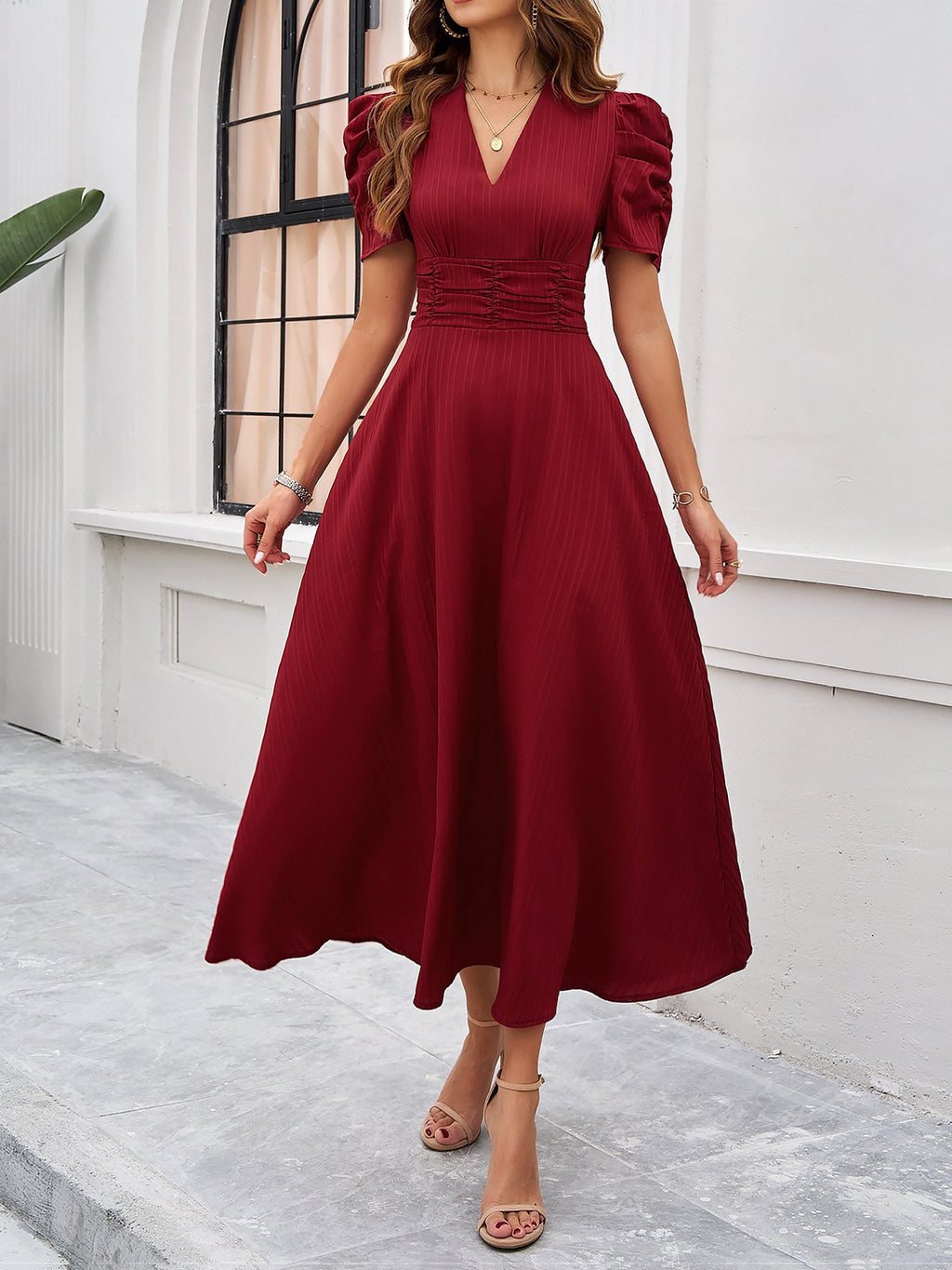 Textured Puff Short Sleeve Ruched Midi A-Line Dress