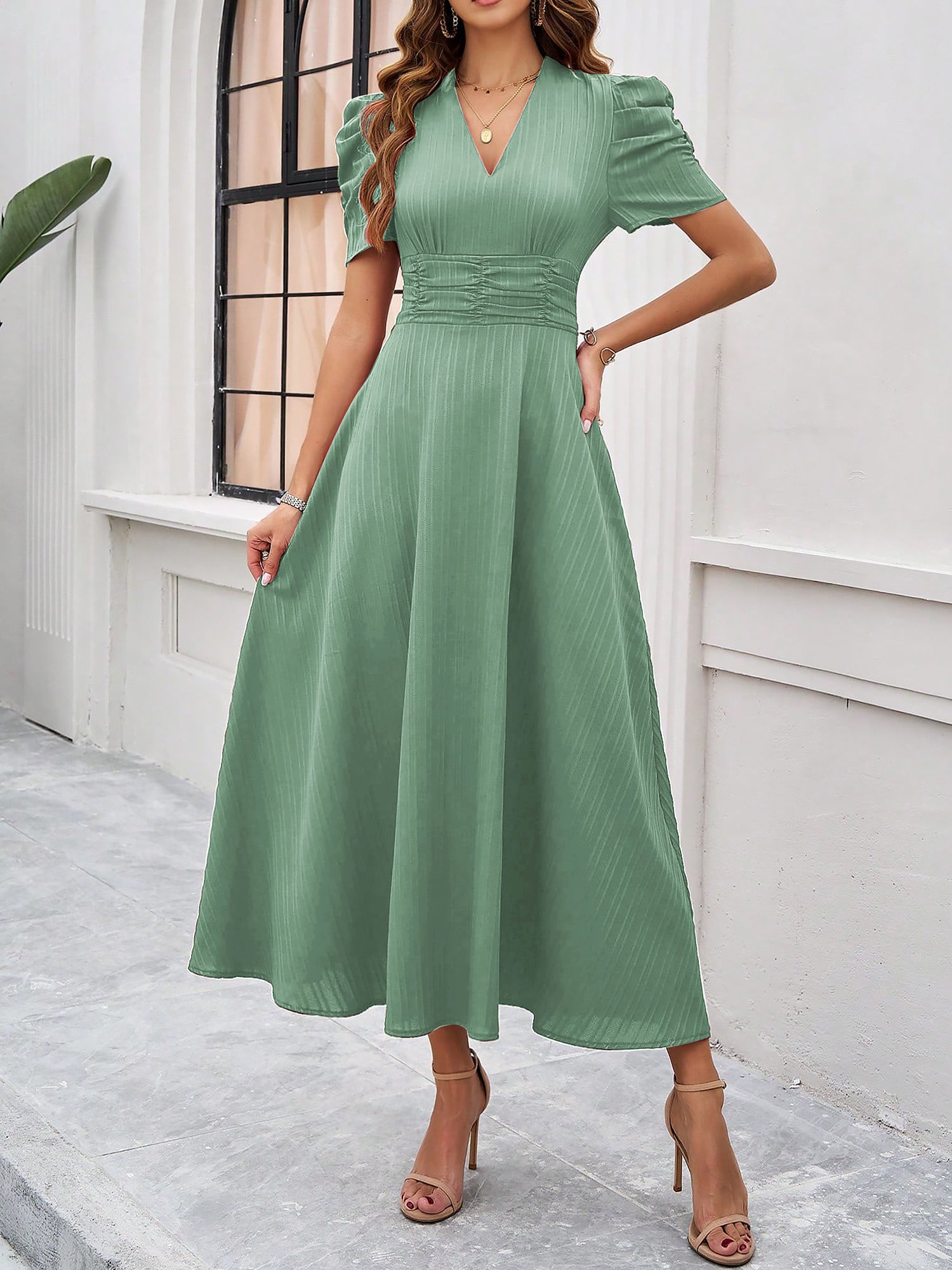 Textured Puff Short Sleeve Ruched Midi A-Line Dress