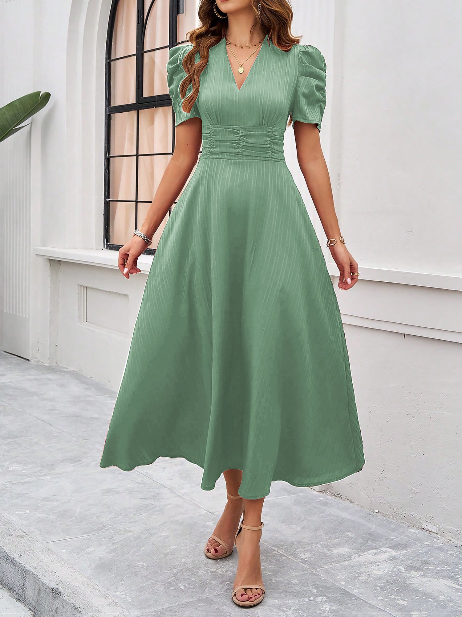 Textured Puff Short Sleeve Ruched Midi A-Line Dress