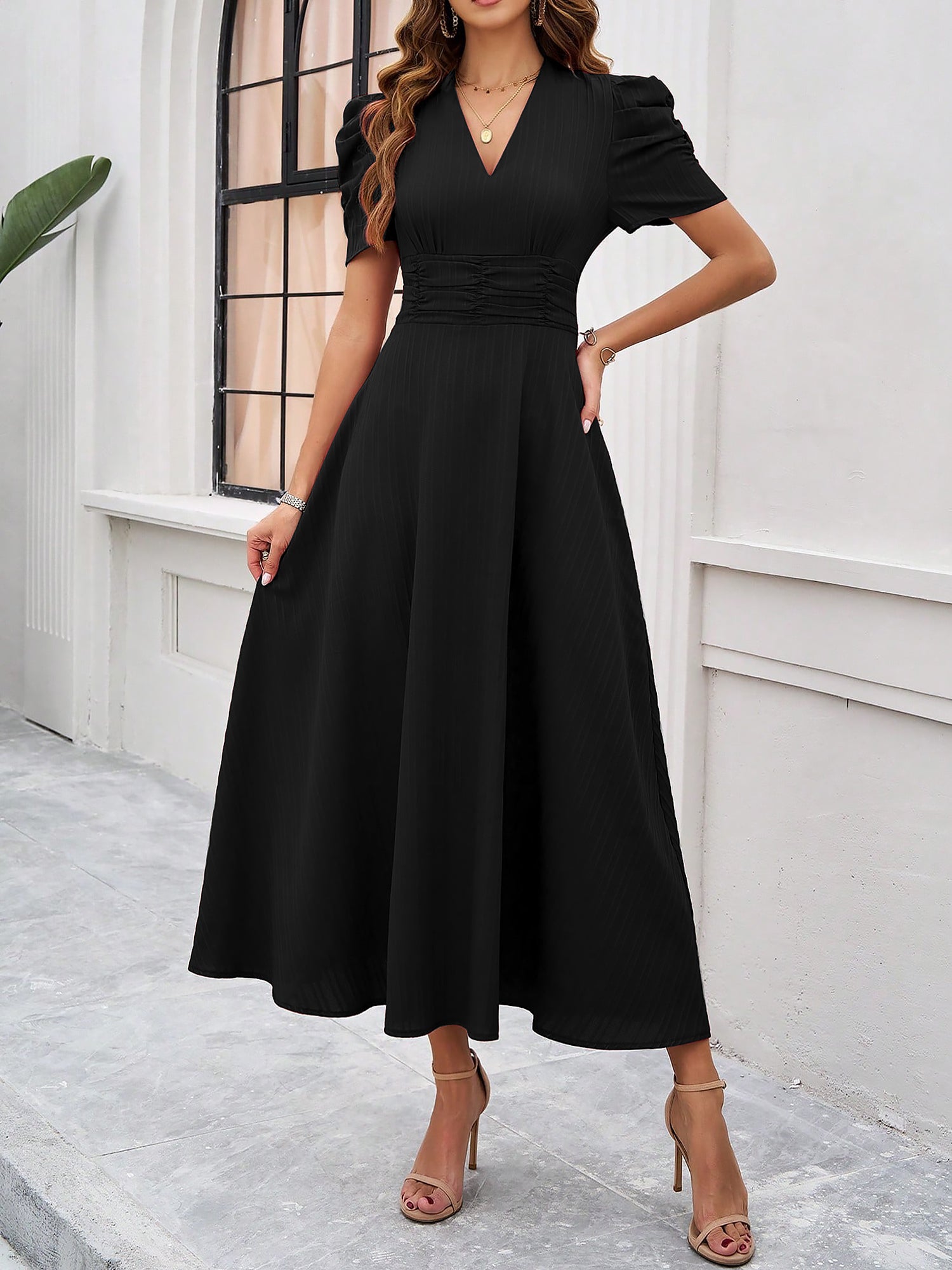 Textured Puff Short Sleeve Ruched Midi A-Line Dress