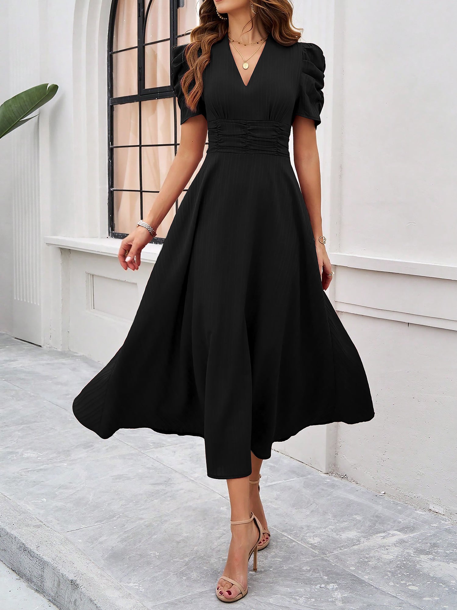 Textured Puff Short Sleeve Ruched Midi A-Line Dress
