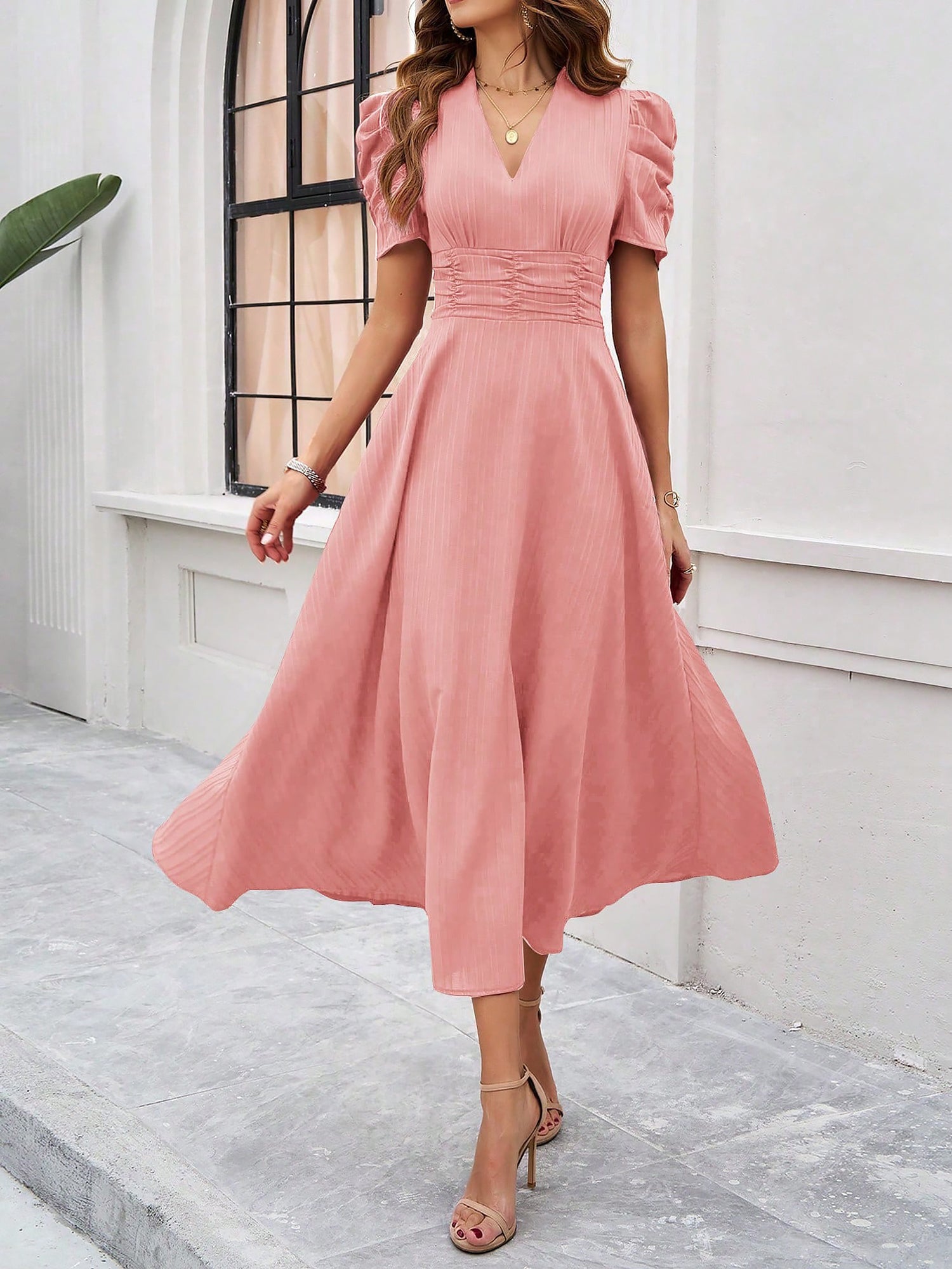 Textured Puff Short Sleeve Ruched Midi A-Line Dress