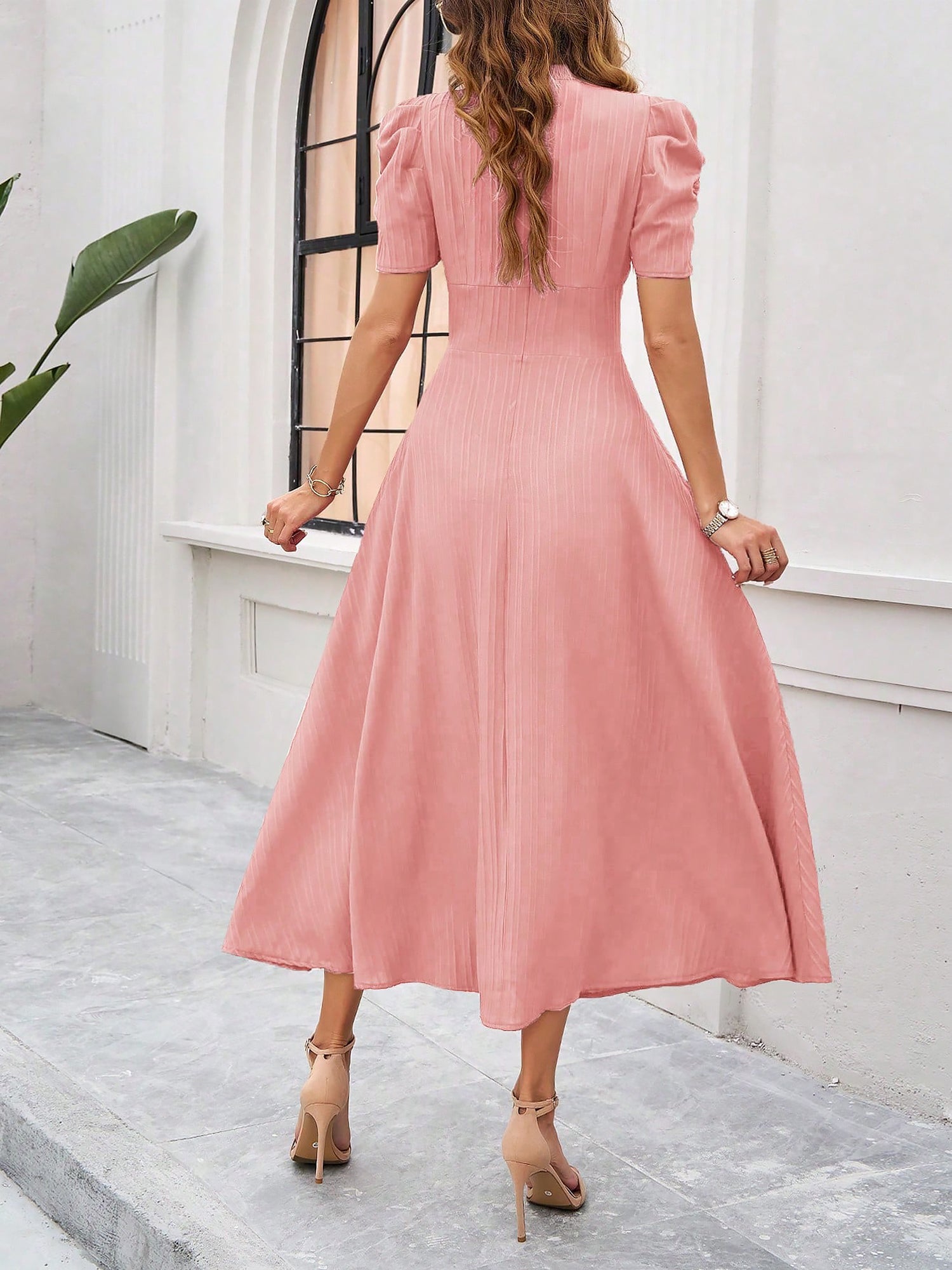 Textured Puff Short Sleeve Ruched Midi A-Line Dress