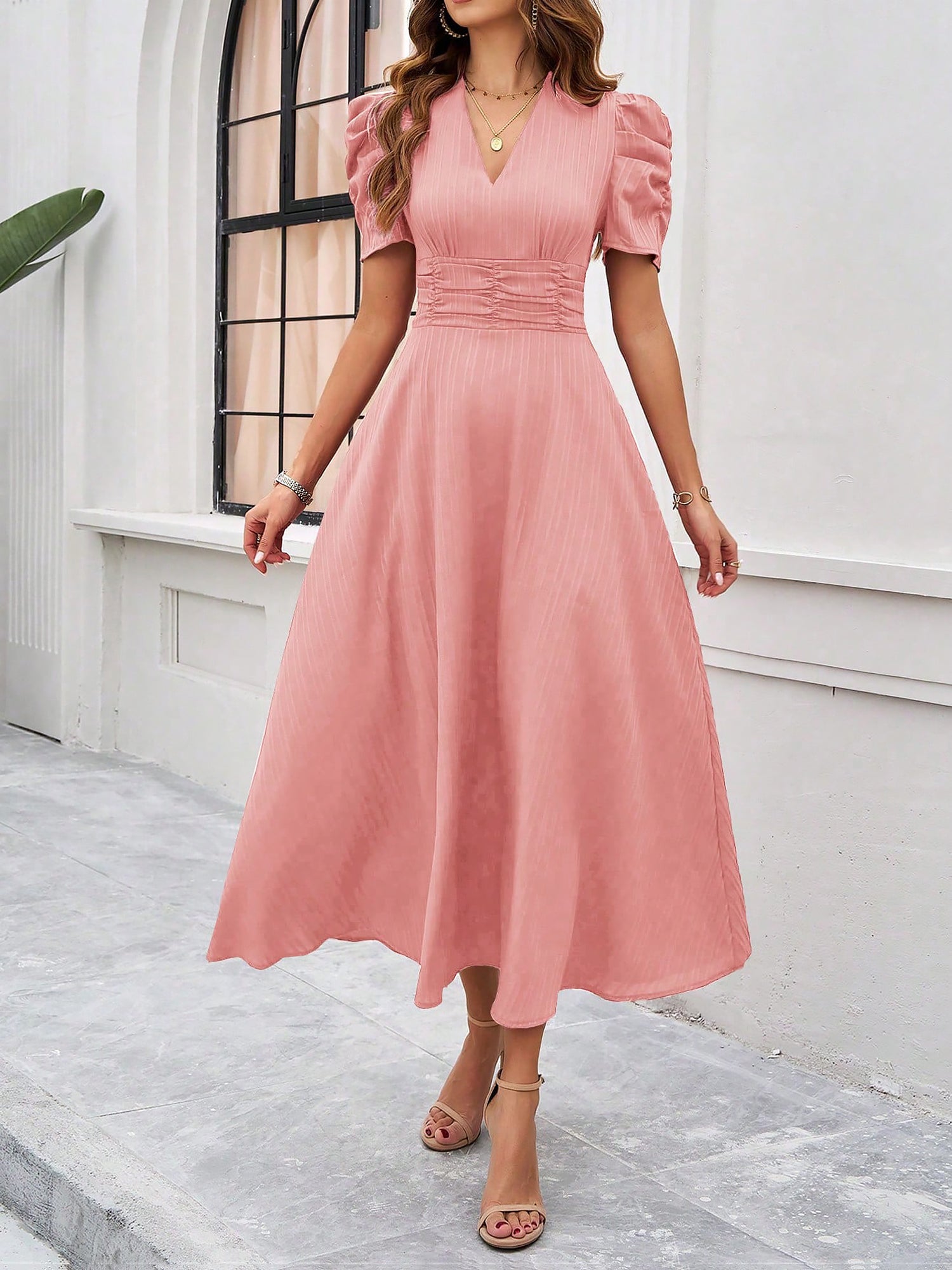 Textured Puff Short Sleeve Ruched Midi A-Line Dress