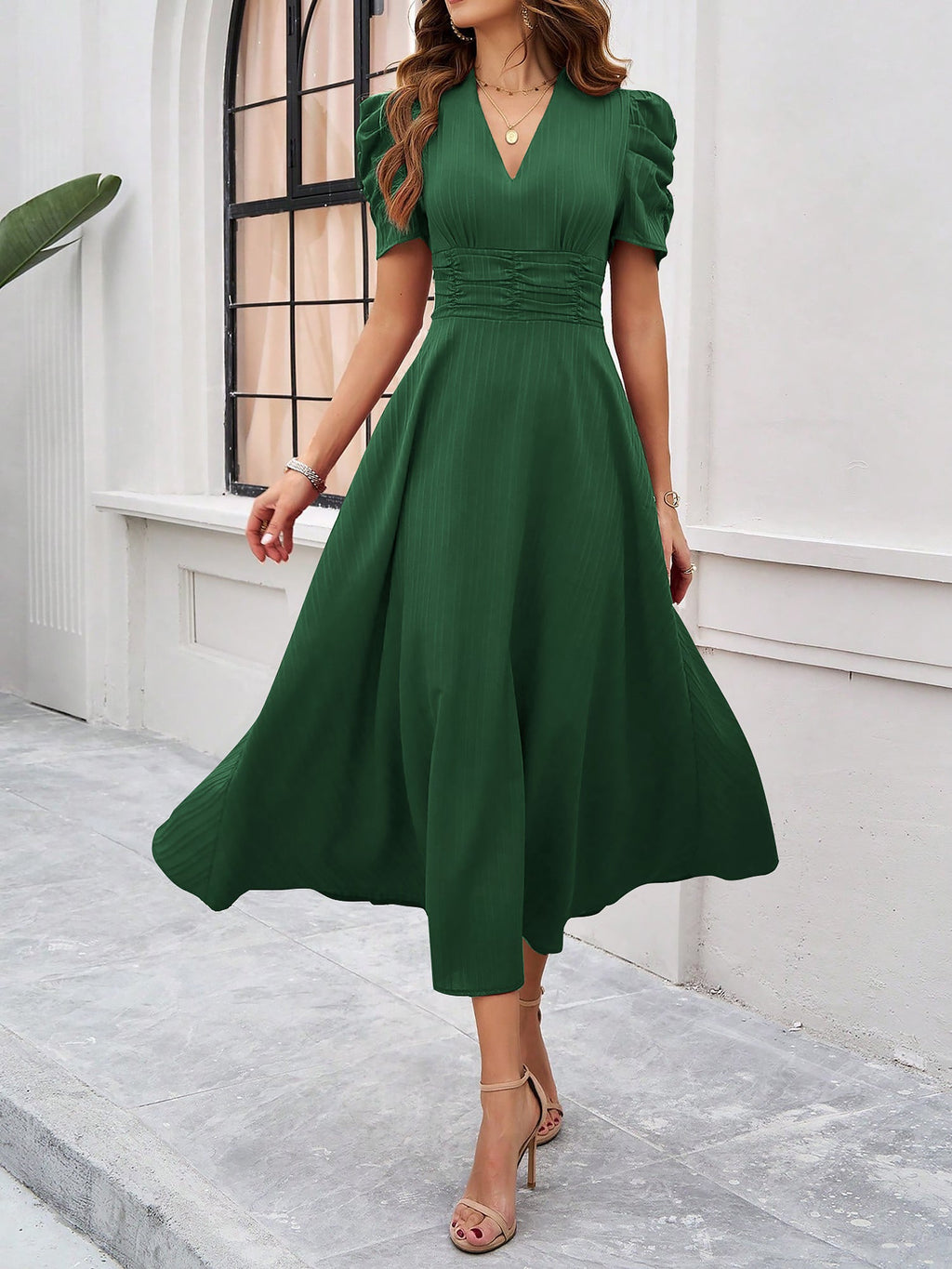 Textured Puff Short Sleeve Ruched Midi A-Line Dress