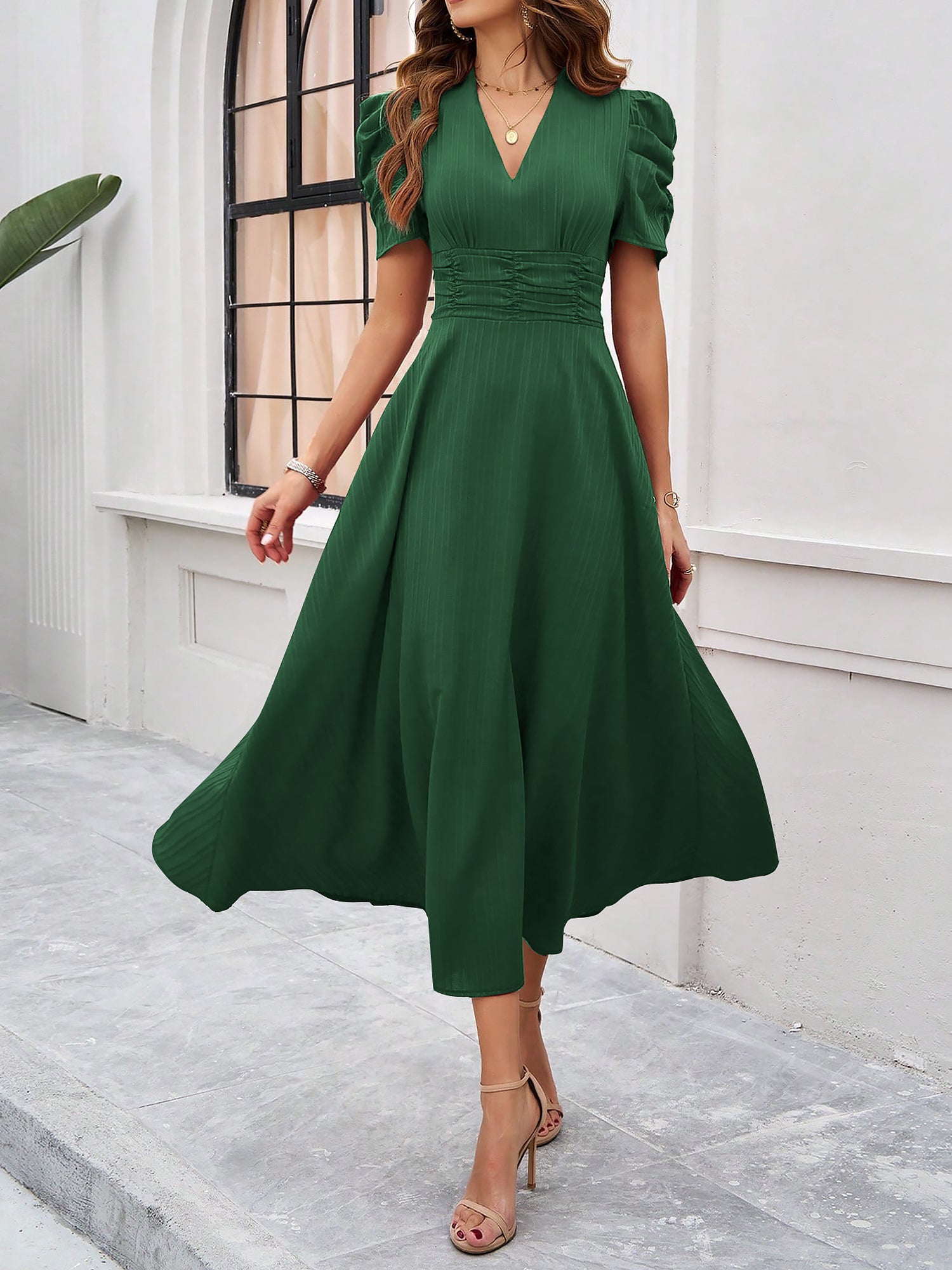 Textured Puff Short Sleeve Ruched Midi A-Line Dress