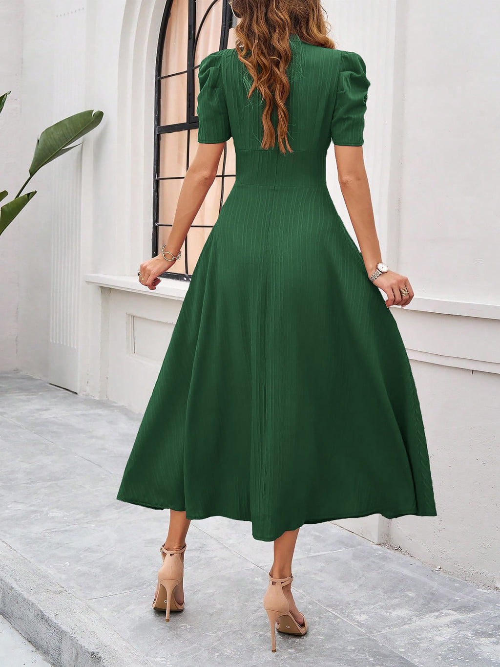 Textured Puff Short Sleeve Ruched Midi A-Line Dress