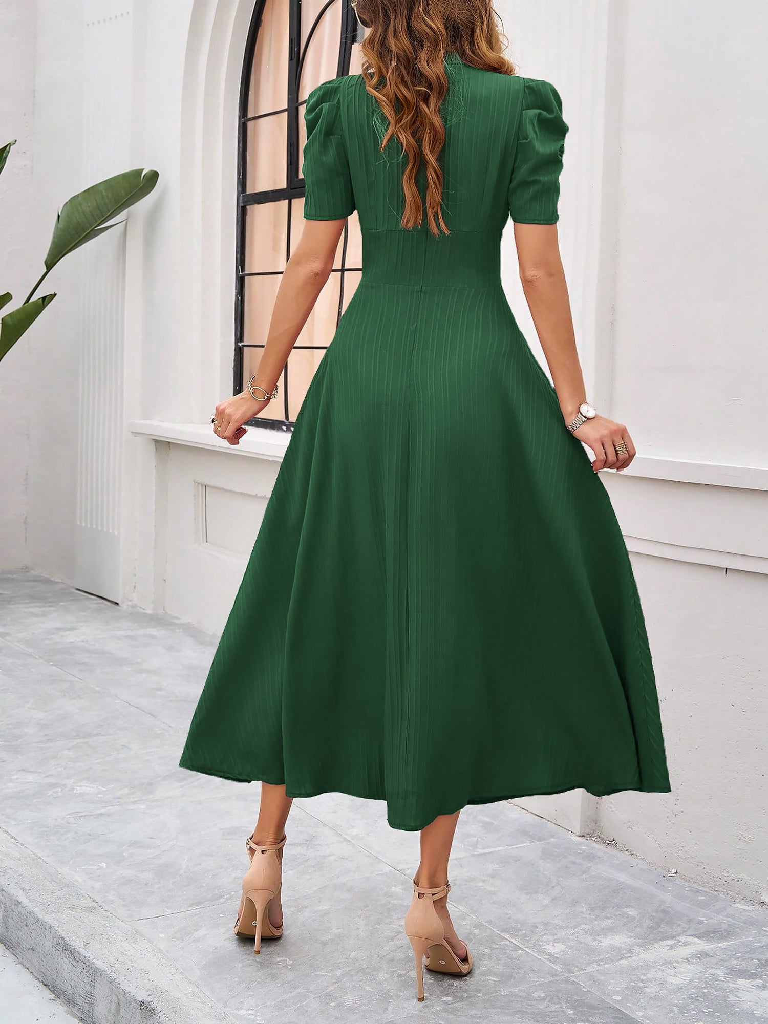 Textured Puff Short Sleeve Ruched Midi A-Line Dress