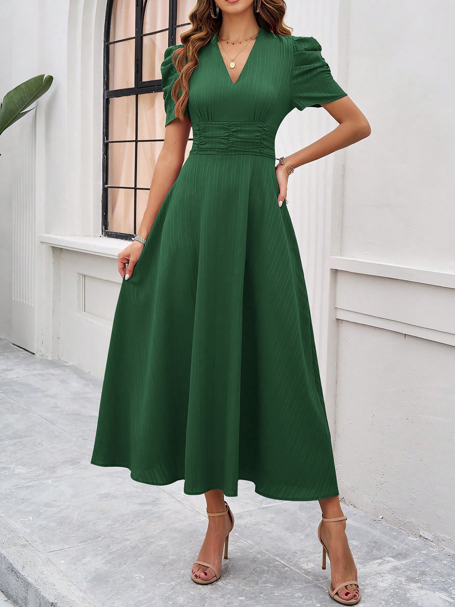 Textured Puff Short Sleeve Ruched Midi A-Line Dress