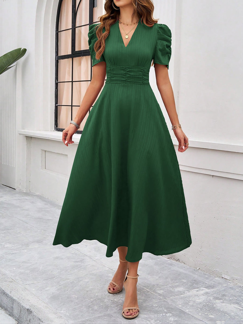Textured Puff Short Sleeve Ruched Midi A-Line Dress