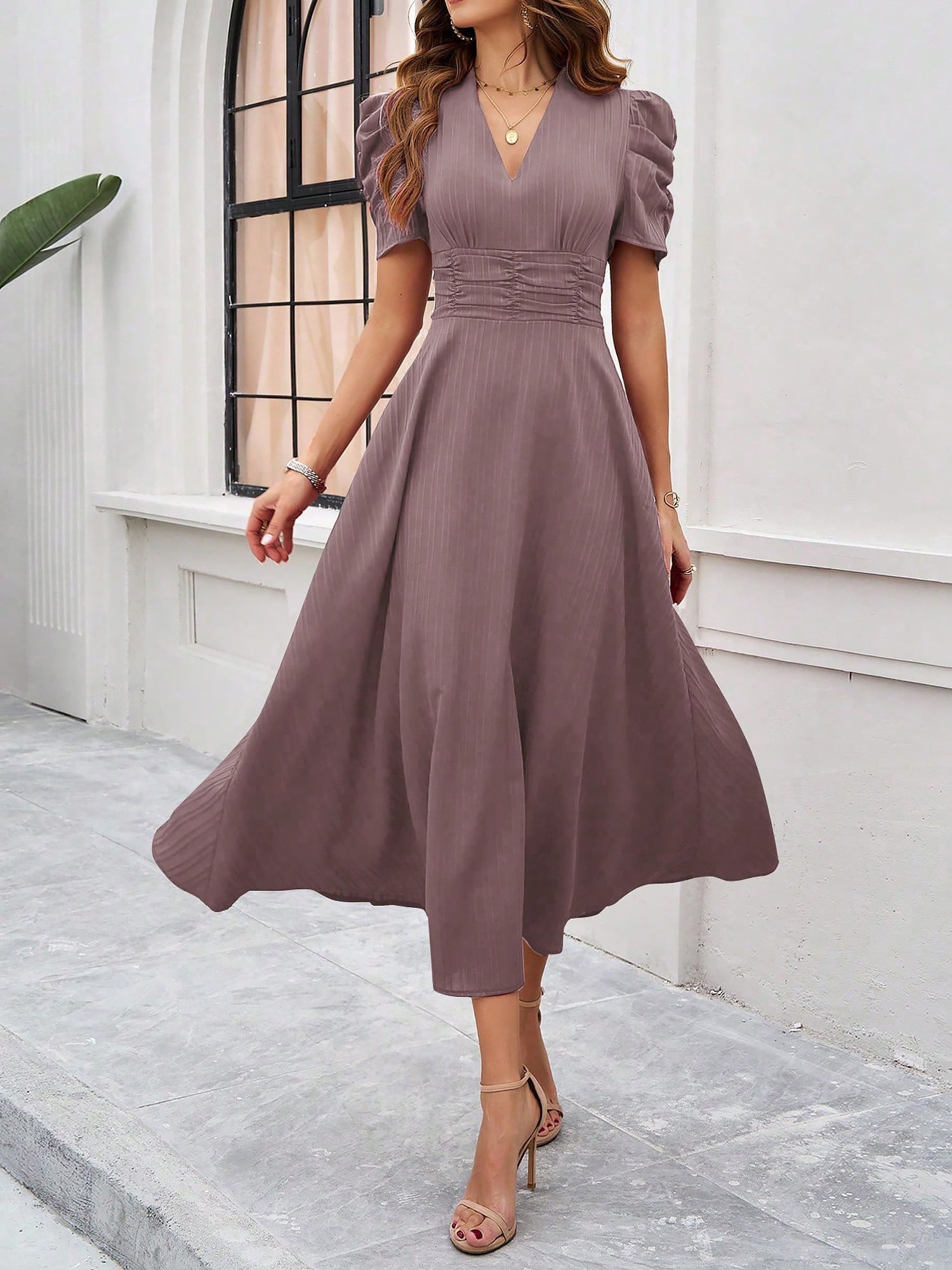 Textured Puff Short Sleeve Ruched Midi A-Line Dress