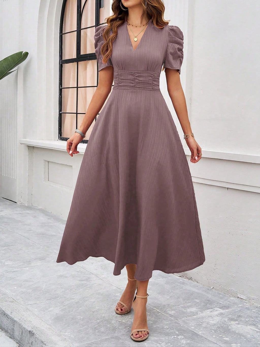 Textured Puff Short Sleeve Ruched Midi A-Line Dress