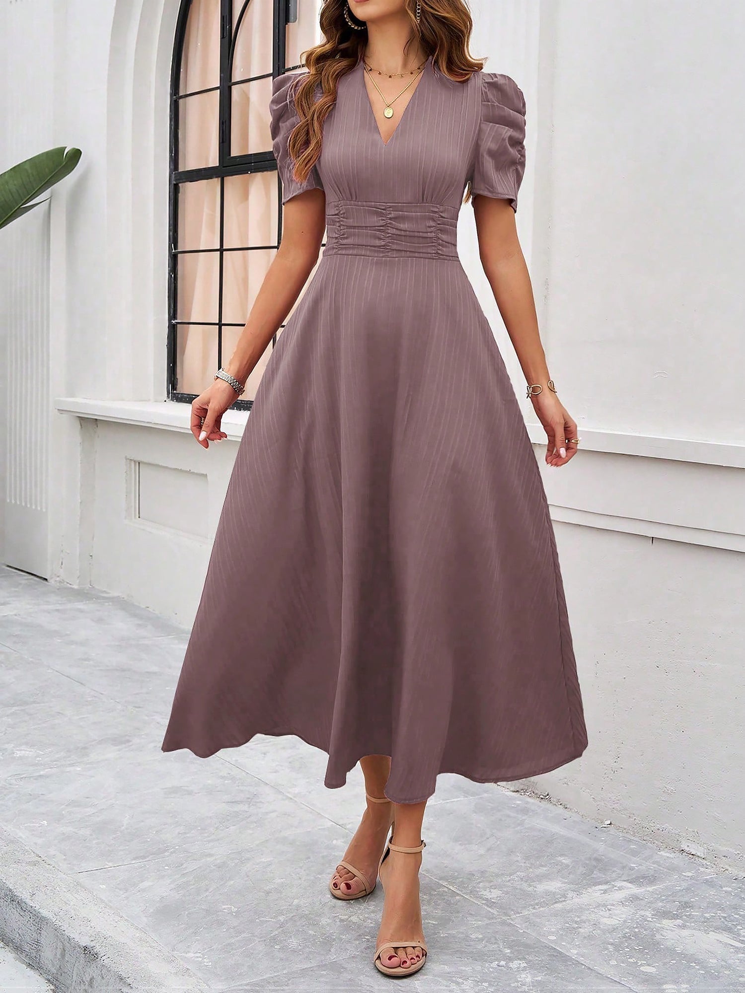Textured Puff Short Sleeve Ruched Midi A-Line Dress