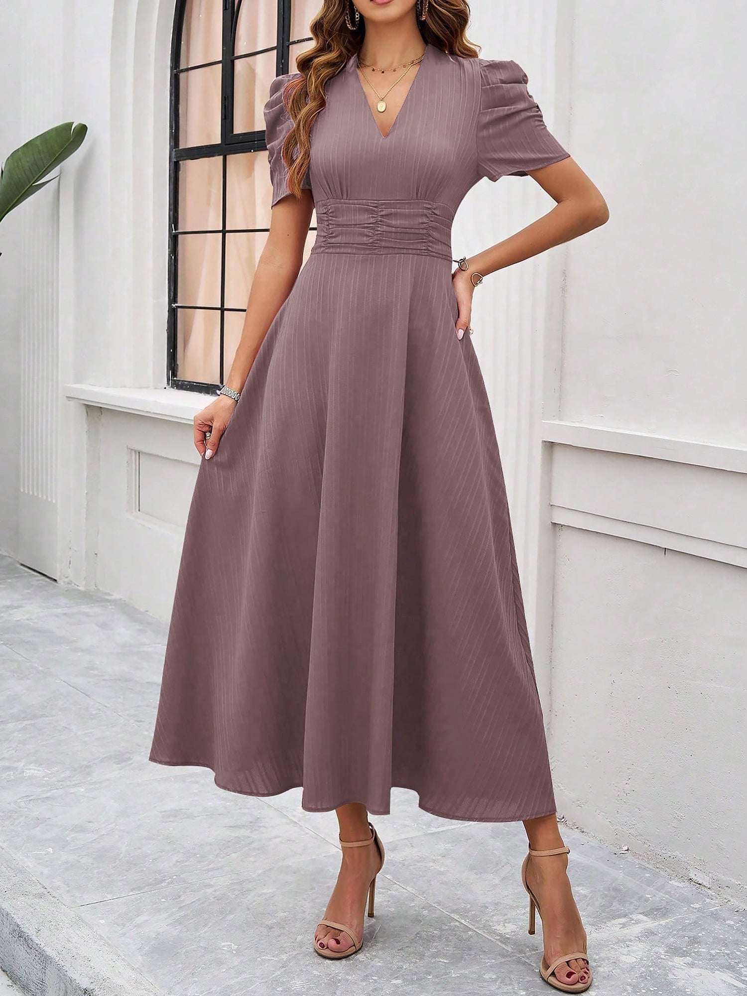 Textured Puff Short Sleeve Ruched Midi A-Line Dress