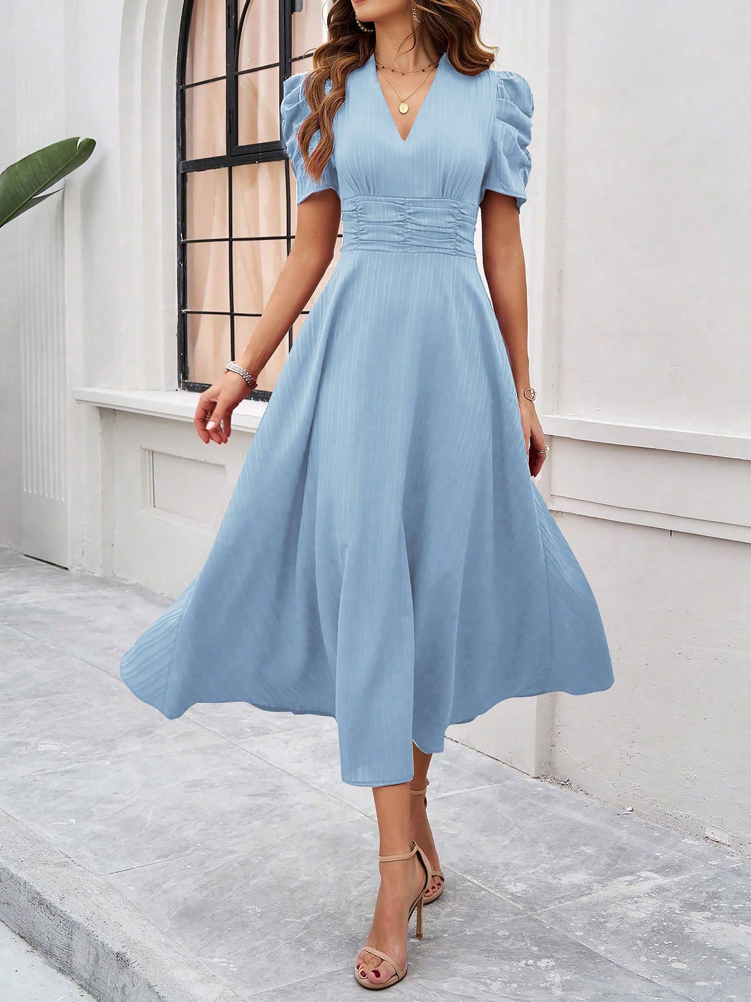 Textured Puff Short Sleeve Ruched Midi A-Line Dress