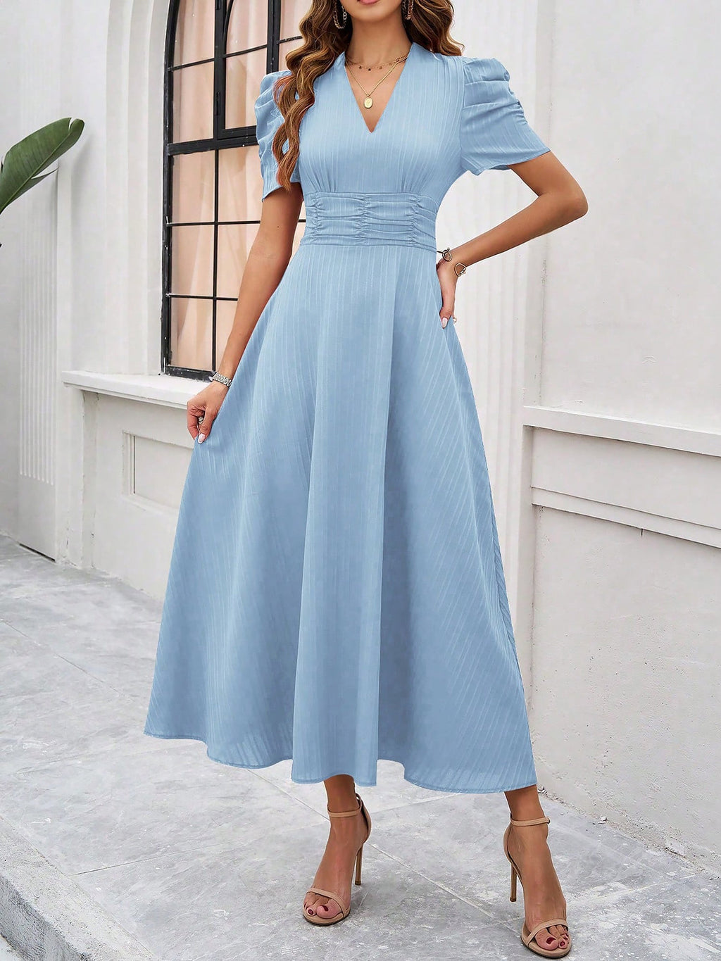 Textured Puff Short Sleeve Ruched Midi A-Line Dress