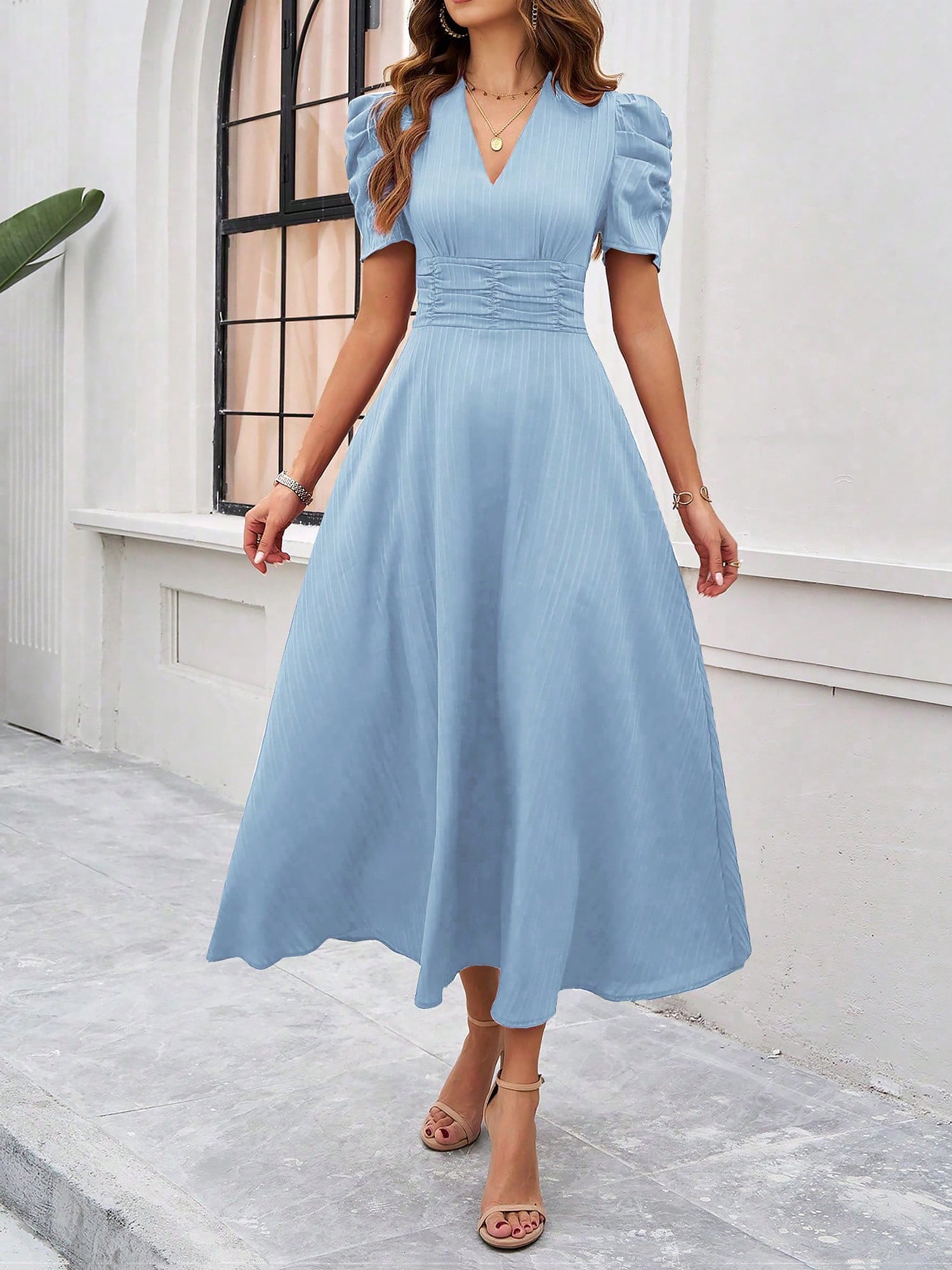 Textured Puff Short Sleeve Ruched Midi A-Line Dress